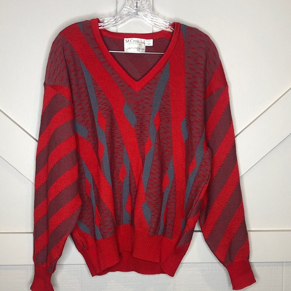 Vintage St. Croix Knits Landon’s Zephyr Wool VNeck Knit Sweater Texture Red Gray